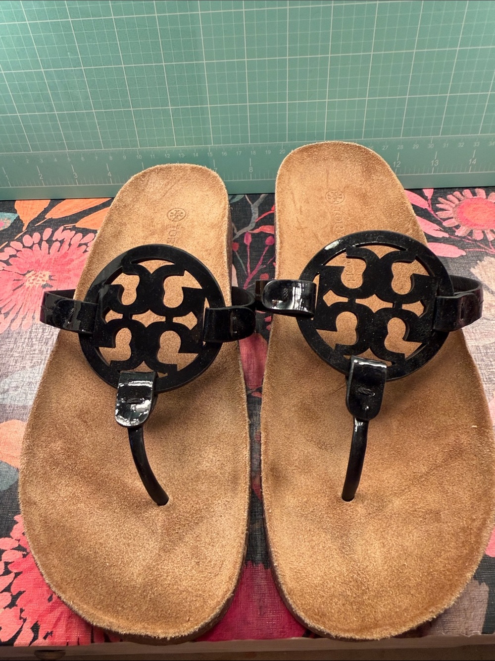 Tory Burch Black Logo Thong Sandals with Tan Footbed